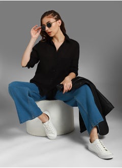 HIGH STAR Black Oversized Spread Collar Long Sleeve Cotton Shirt for Women  - Image 5