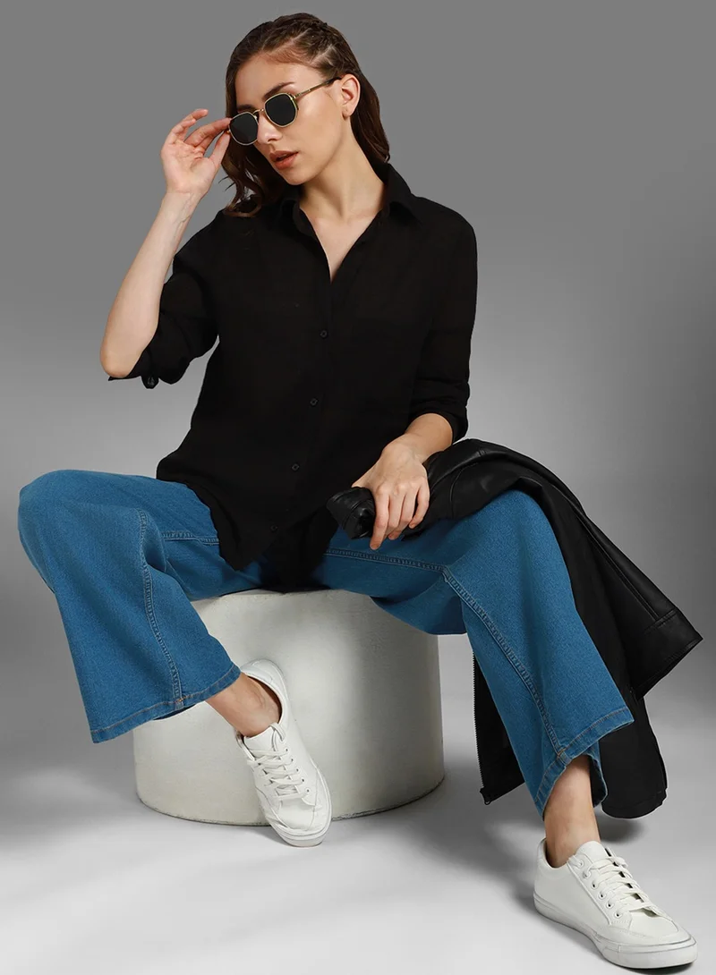 هاي ستار Black Oversized Spread Collar Long Sleeve Cotton Shirt for Women