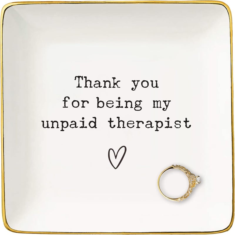 NZY Therapist Friendship Gifts for Women Friends,Present for Women Friends,Birthday Christmas Gifts-Ceramic Jewelry Tray Trinket Holder Ring Dish,Thank You for Being My Unpaid Therapist - Image 1