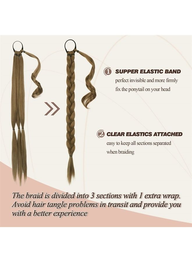 BARSDAR 26 Inch Long Braided Ponytail Extension with Hair Tie Straight Wrap Around Hair Extensions Pony Tail DIY Natural Soft Synthetic Hair Piece for Women Girls-Light Golden Brown mix Blonde - Image 1