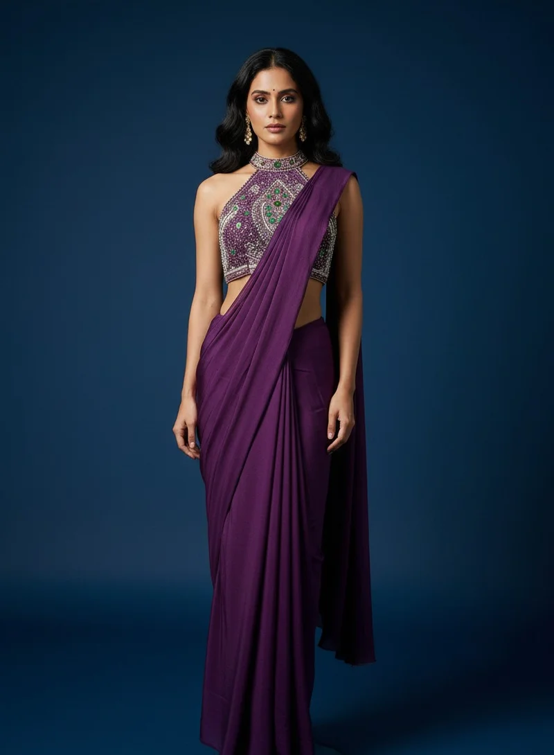 Lehar Satin Silk Saree with Embroidered Halter Blouse