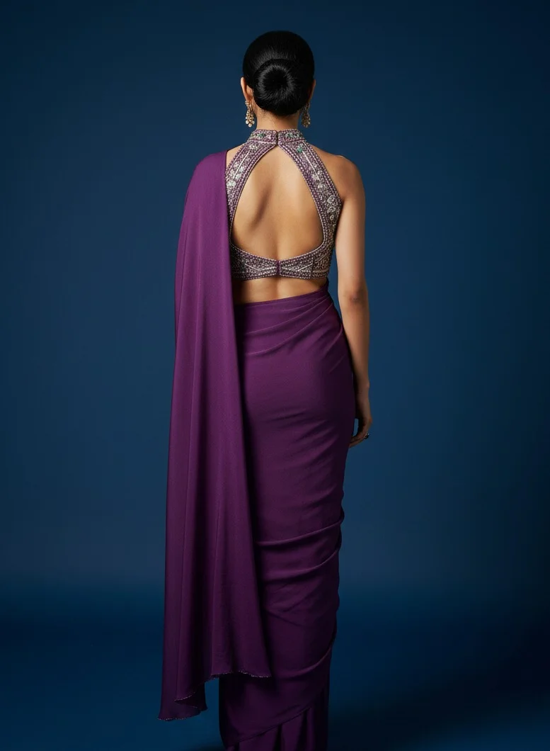 Lehar Satin Silk Saree with Embroidered Halter Blouse