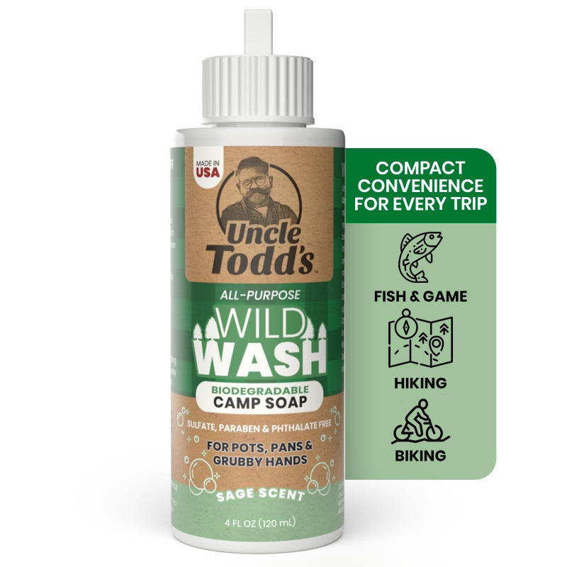 Uncle Todd's Wild Wash Biodegradable Soap, Camping Soap Ideal for Dishes, Body, Hands, and Clothes - 4oz, Sage Scent - Image 1