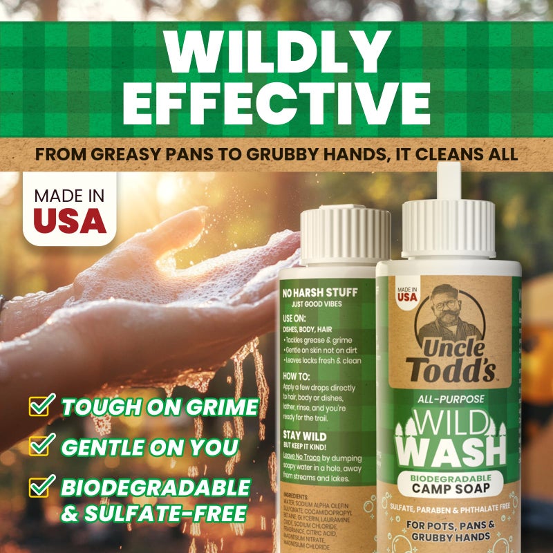 Uncle Todd's Wild Wash Biodegradable Soap, Camping Soap Ideal for Dishes, Body, Hands, and Clothes - 4oz, Sage Scent - Image 2