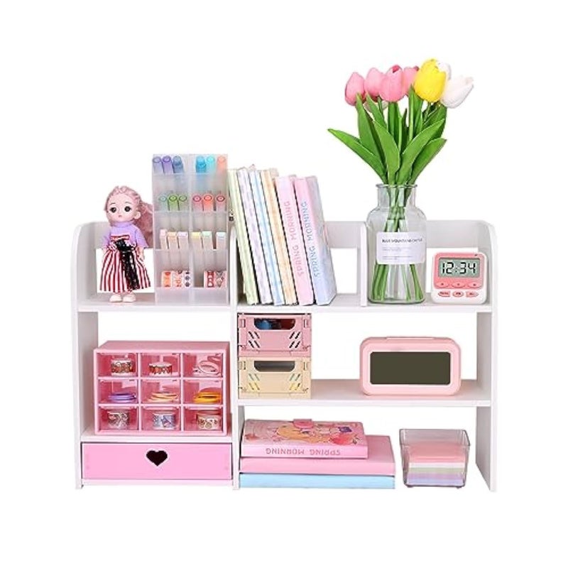 CONKAWACA Cute Bookshelves Cute Bookshelf for Desk Kawaii Desk Organizer with Drawer Office Desk Organizers and Accessories Storage Home Decor Display (Pink) - Image 1