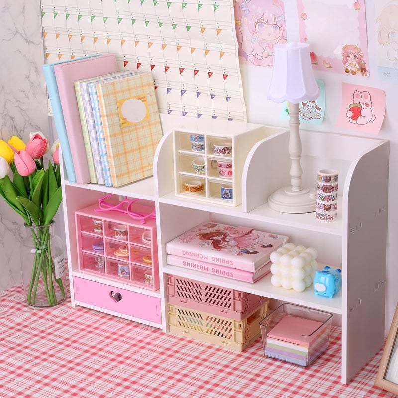 CONKAWACA Cute Bookshelves Cute Bookshelf for Desk Kawaii Desk Organizer with Drawer Office Desk Organizers and Accessories Storage Home Decor Display (Pink) - Image 5