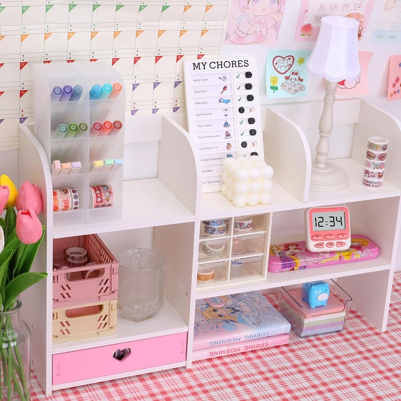 CONKAWACA Cute Bookshelves Cute Bookshelf for Desk Kawaii Desk Organizer with Drawer Office Desk Organizers and Accessories Storage Home Decor Display (Pink) - Image 3
