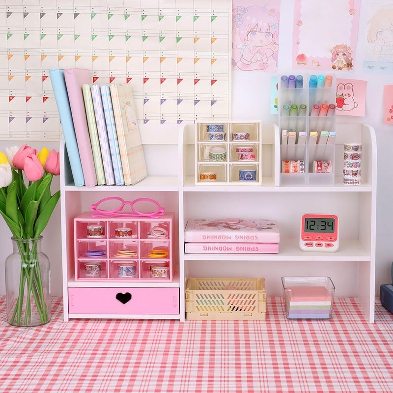 CONKAWACA Cute Bookshelves Cute Bookshelf for Desk Kawaii Desk Organizer with Drawer Office Desk Organizers and Accessories Storage Home Decor Display (Pink) - Image 2