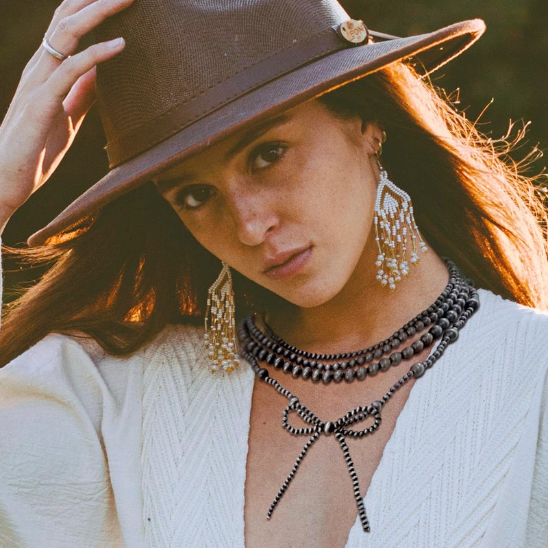 RechicGu 4pcs Western Navajo Pearl Stackble Necklace Jewelry For Women Beaded Chain Bow Pendant Boho Handmade Long Layered Country Concert Necklace Set,Silver Pearl - Image 2
