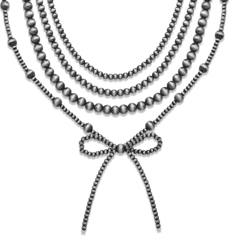 RechicGu 4pcs Western Navajo Pearl Stackble Necklace Jewelry For Women Beaded Chain Bow Pendant Boho Handmade Long Layered Country Concert Necklace Set,Silver Pearl - Image 1