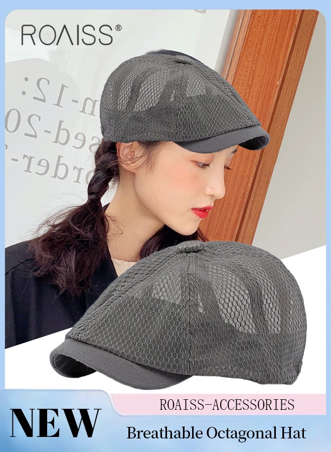 roaiss Breathable Mesh Octagonal Hat for Men and Women, Breathable Retro Casual Fashion Newsboy Cap, Sun Protection Beret, Adjustable Size - Image 1
