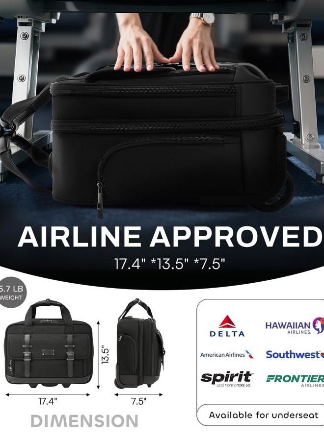 AUROTIER Rolling Laptop Bag, Briefcase for Men and Women, 17 Inch Computer Bag with Wheels Underseat Carry on Luggage, Laptop Briefcase Case for Work, Travel, College Teacher, Mobile Office Bag, Black - Image 2