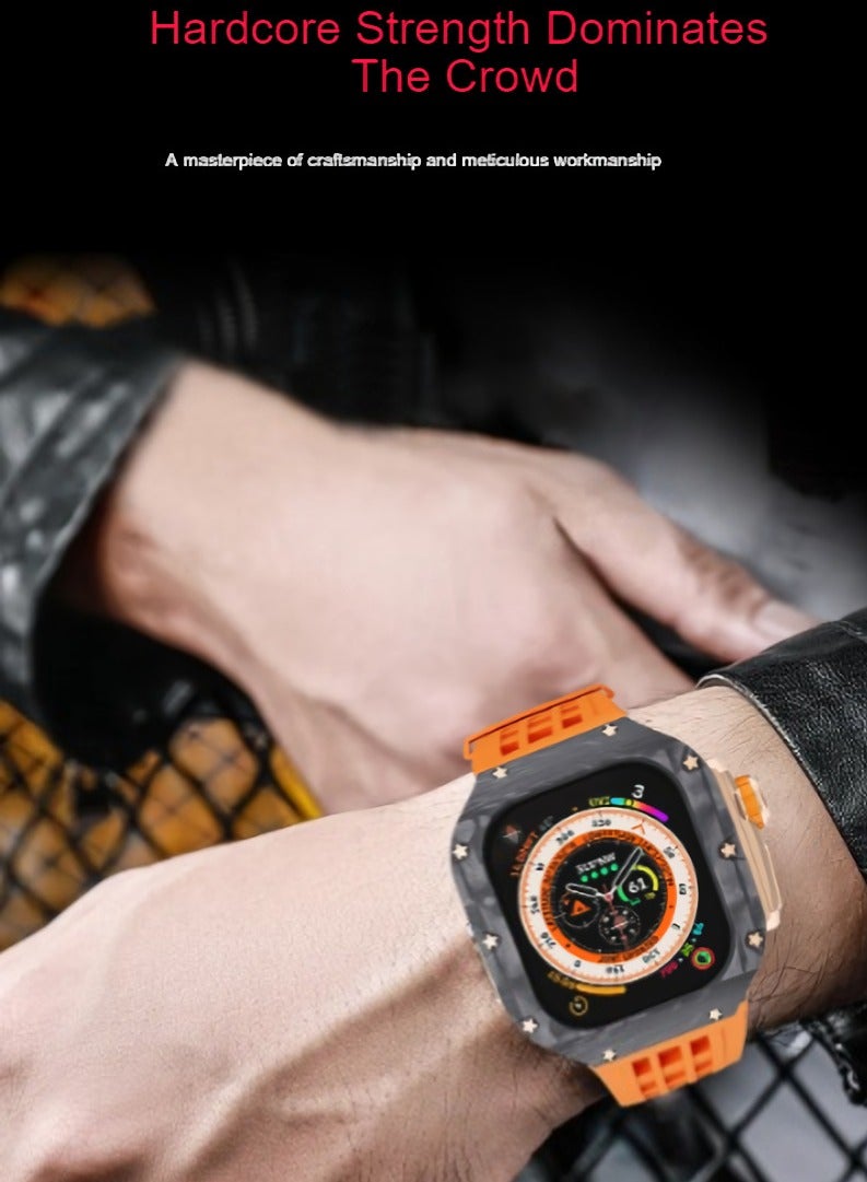 AROAQ Carbon Fiber Case For Apple Watch, 49mm Fluororubber Band Metal Bazel For Iwatch, Ultra Titanium Alloy Integrated Protective Case, (Carbon shell-rose titanium frame-green tape) - Image 2