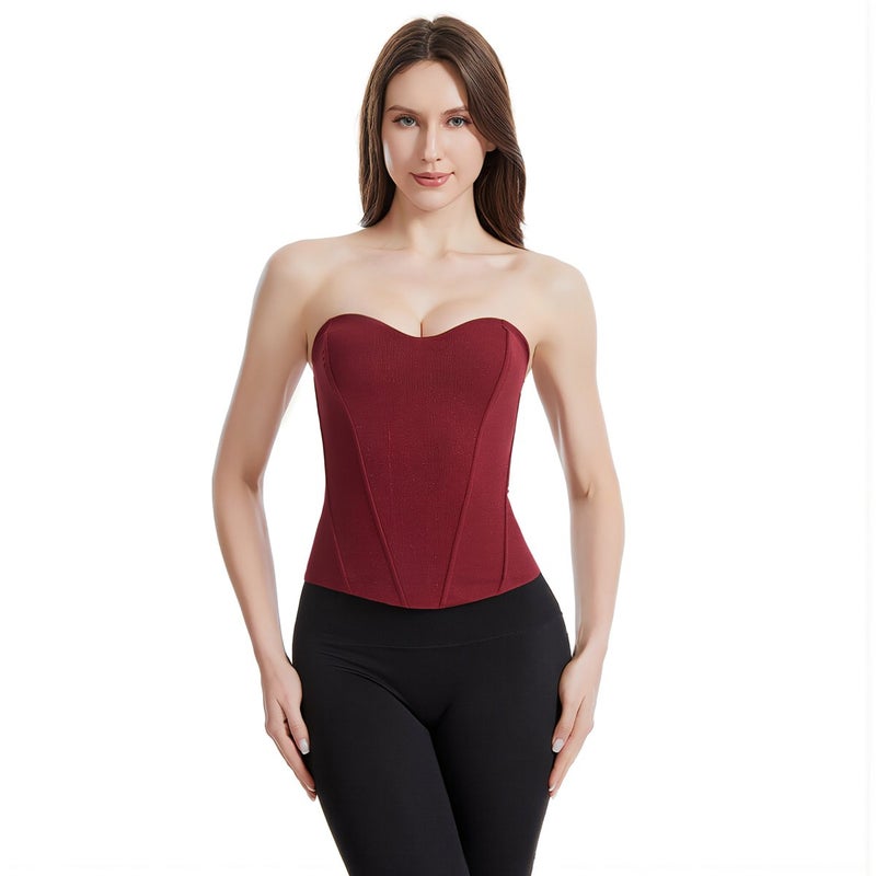Satin Corset Shapewear Strapless Bustier Waist Trainer for Women XS Wine Red - Image 2