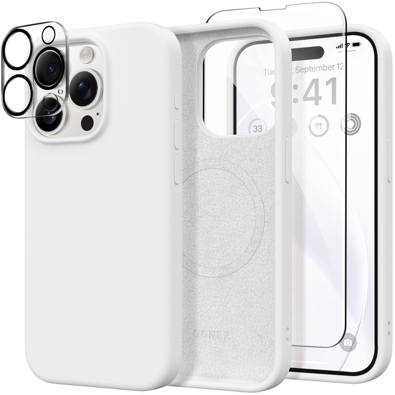 GONEZ for iPhone 15 Pro Max Case Silicone, Compatible with Magsafe, Camera Protector + Screen Protector, Soft Anti-Scratch Microfiber Lining, Liquid Silicone Shockproof Phone Cover, White - Image 1