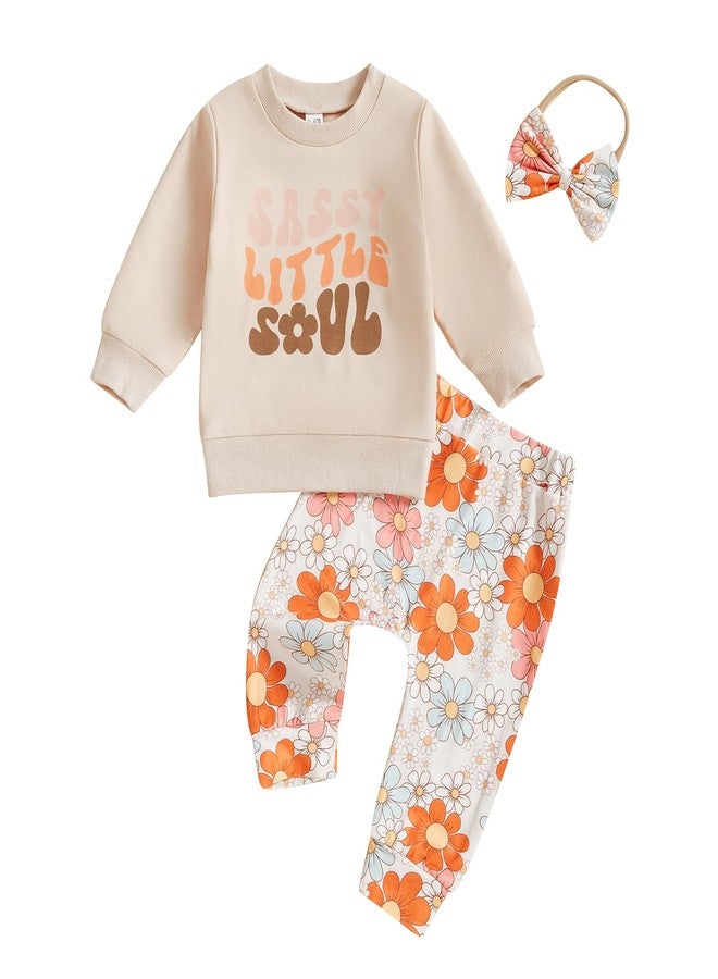 Karuedoo Toddler Baby Girl Clothes Letter Print Long Sleeve Sweatshirt Top Floral Pants Headband Set 3Pcs Fall Winter Outfits (A-Beige, 12-18 Months) - Image 1