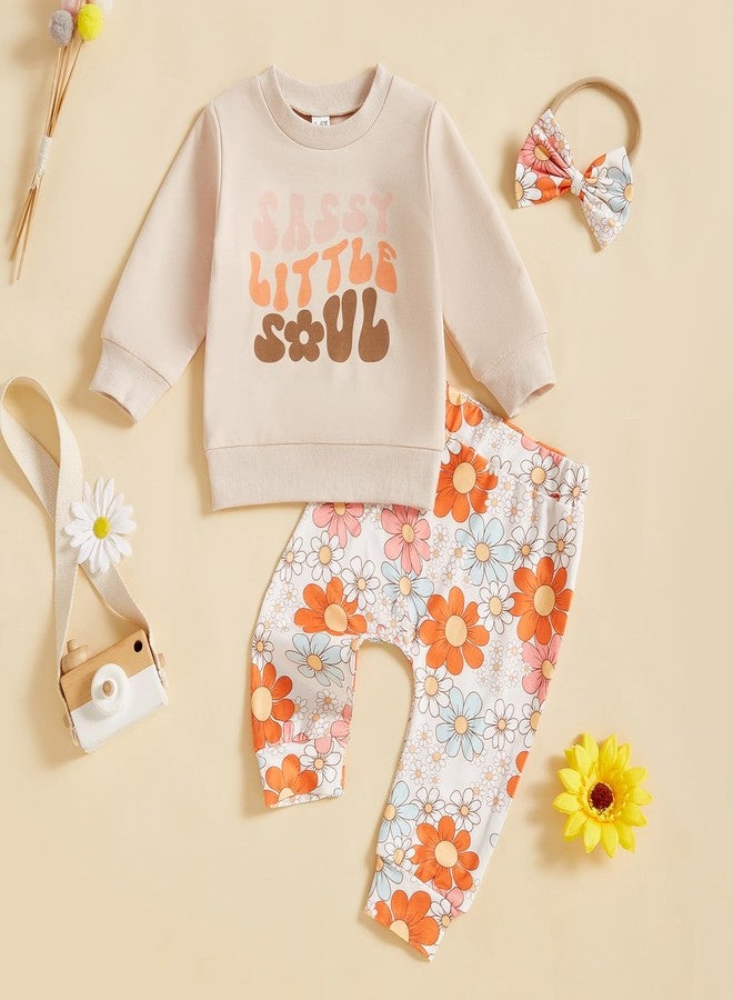 Karuedoo Toddler Baby Girl Clothes Letter Print Long Sleeve Sweatshirt Top Floral Pants Headband Set 3Pcs Fall Winter Outfits (A-Beige, 12-18 Months) - Image 2