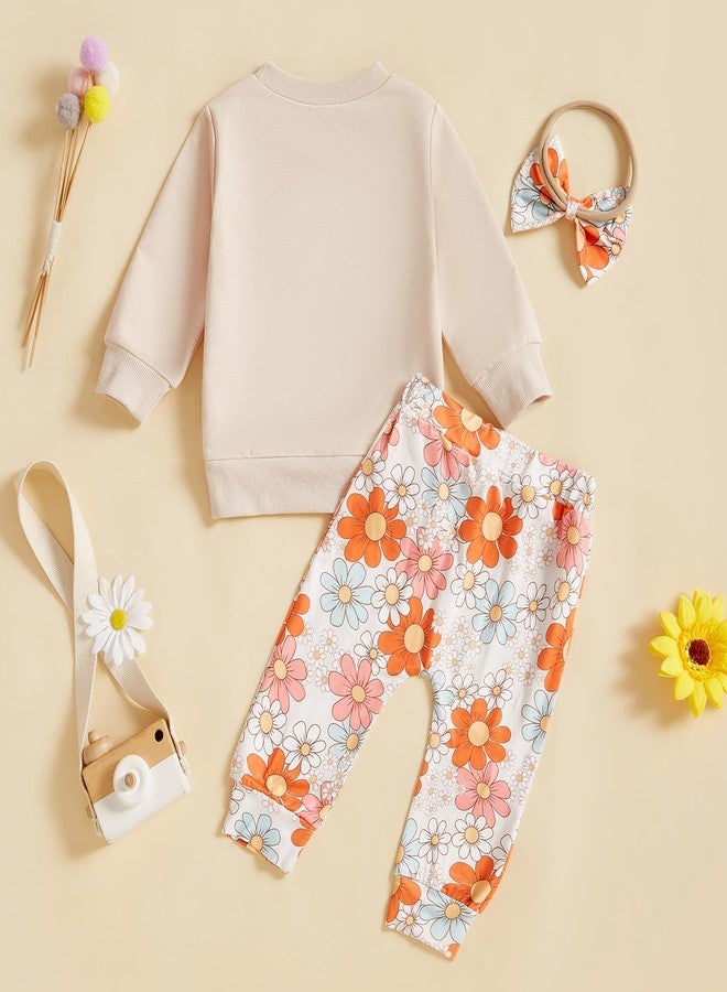 Karuedoo Toddler Baby Girl Clothes Letter Print Long Sleeve Sweatshirt Top Floral Pants Headband Set 3Pcs Fall Winter Outfits (A-Beige, 12-18 Months) - Image 3