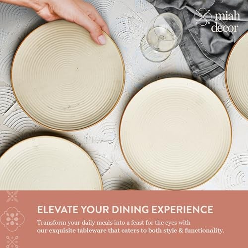 miah decor Quarter Plates Set of 4, Ceramic Stoneware Plates | Cream Snack & Side Plates with Brown Rim | Ribbed Design | Microwave & Dishwasher Safe (Dummy 1) - Image 3