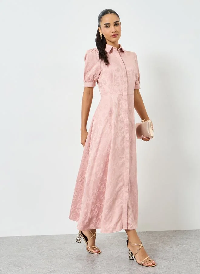 Peach Jacquard Puff Sleeves Shirt Maxi Dress
