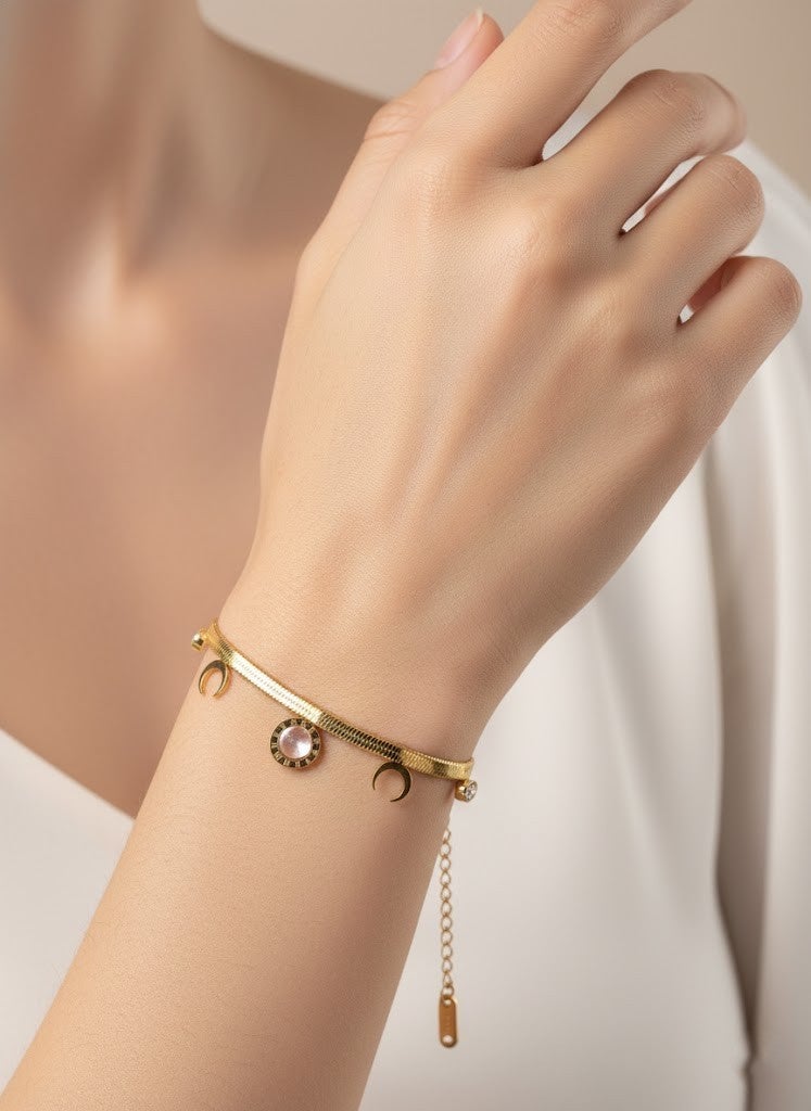 FLUFFY Women’s Bracelet Snake Chain Crescent & Rose Stone Charms - Image 1