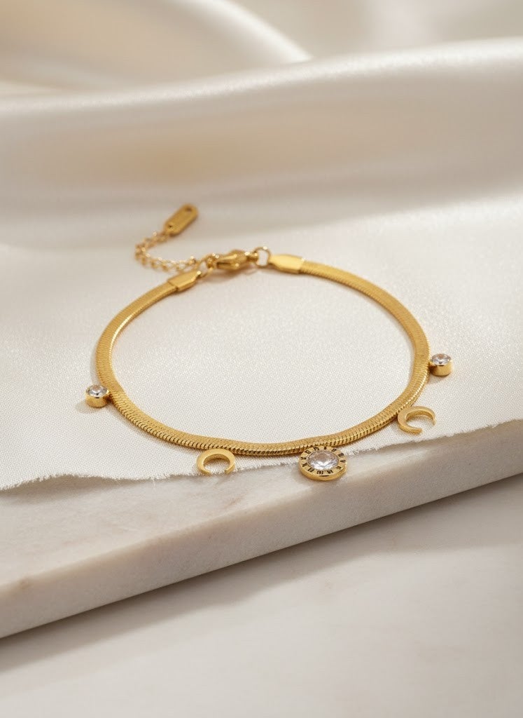 FLUFFY Women’s Bracelet Snake Chain Crescent & Rose Stone Charms - Image 2