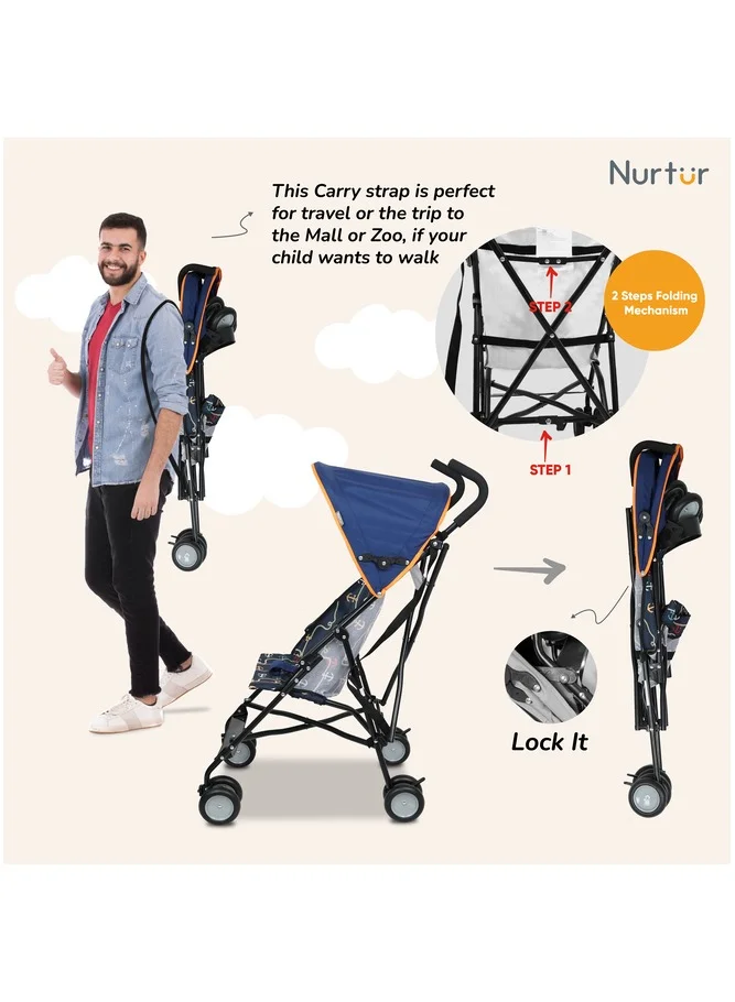 Nurtur Rex Lightweight Stroller – Compact Fold, Sun Canopy, Shoulder Strap, Airflow Design, Portable Buggy for Toddlers 6-36 Months, Easy Fold, - Navy Print