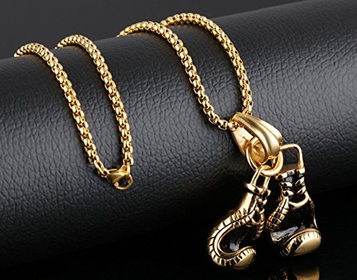 Hamoery Men Punk Stainless Steel Golden Boxing Gloves Chain Pendant Necklace(Golden) - Image 2