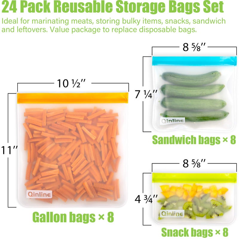Qinline Reusable Food Storage Bags - 24 Pack Freezer Extra Thick Leakproof Lunch Bag - 8 Gallon 8 Sandwich 8 Snack Bags - Image 3