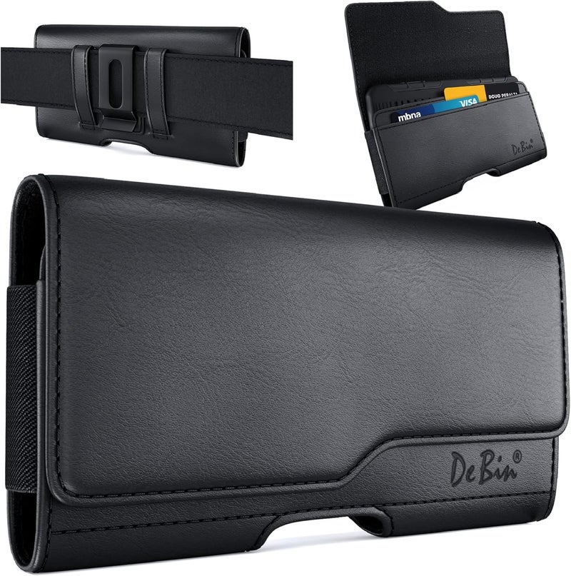 DeBin Cell Phone Belt Case Compatible with Samsung Galaxy Ultra Models (S25 S24 S23 S22 S21), A54/A53/A25/A15, Premium Leather, Magnetic Flap Holster & ID Card Pouch Holder, Black - Image 1