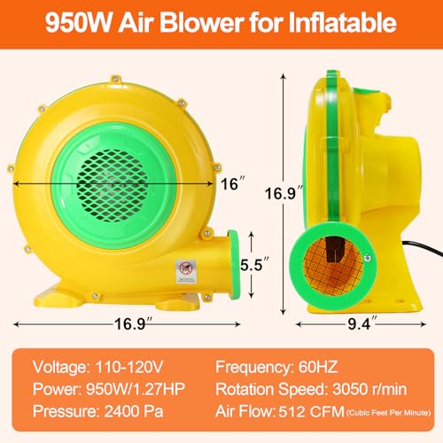 ZAFIED Bounce House Blower, 950W/1.27HP Commercial Air Blower with Double-Sided Fan Blade Design, Strong Wind and Great Heat Dissipation Properties for Bouncy Castle, Jump Slides, Arch, Inflatables - Image 2