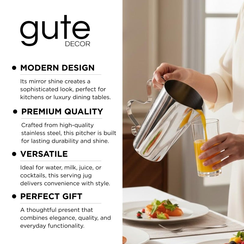 Gute Modern Stainless Steel Pitcher with Squiggle Handle â€“ 65 Oz Polished Mirror Finish Carafe. Unique Swirl Metal Water Jug for Dining Table. Durable Silver Beverage Server for Juice, Tea & Cocktails - Image 4