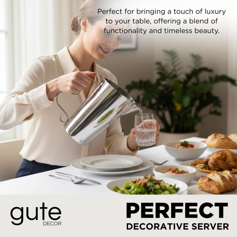 Gute Modern Stainless Steel Pitcher with Squiggle Handle â€“ 65 Oz Polished Mirror Finish Carafe. Unique Swirl Metal Water Jug for Dining Table. Durable Silver Beverage Server for Juice, Tea & Cocktails - Image 3