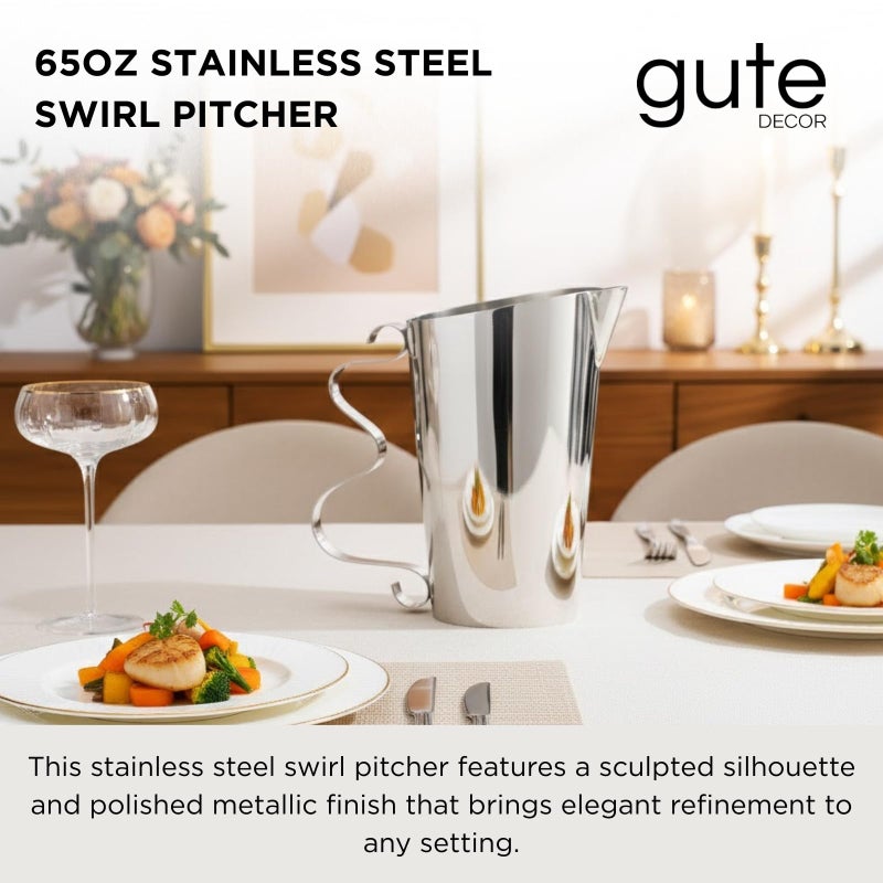 Gute Modern Stainless Steel Pitcher with Squiggle Handle â€“ 65 Oz Polished Mirror Finish Carafe. Unique Swirl Metal Water Jug for Dining Table. Durable Silver Beverage Server for Juice, Tea & Cocktails - Image 2