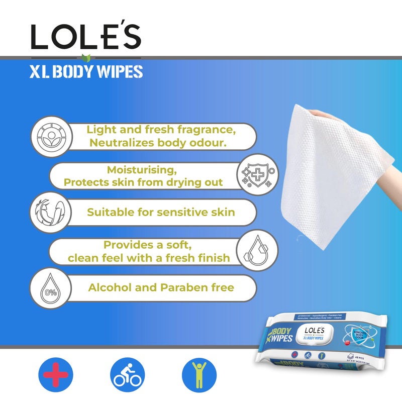LOLE'S Body Wipes for Adults Bathing No Rinse XL â€“ Bath Wipe for Adult, 48 Count Extra Large, â€“ Shower Wipes â€“ Body Wipe for Camping, Travel, Gym, Elderly Care, Women & Men â€“ Fresh & Moisturizing - Image 4