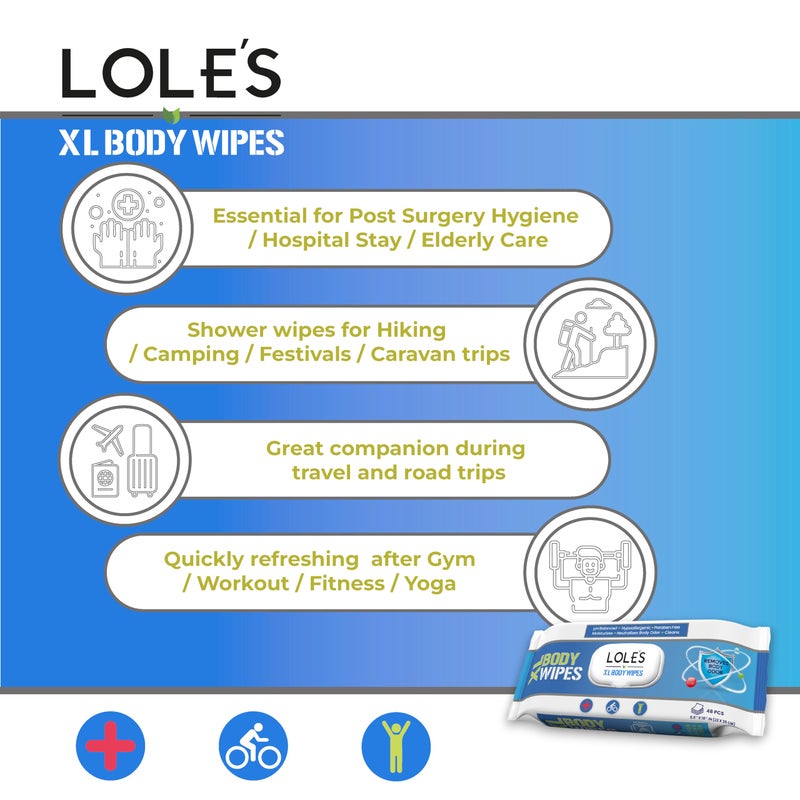 LOLE'S Body Wipes for Adults Bathing No Rinse XL â€“ Bath Wipe for Adult, 48 Count Extra Large, â€“ Shower Wipes â€“ Body Wipe for Camping, Travel, Gym, Elderly Care, Women & Men â€“ Fresh & Moisturizing - Image 2