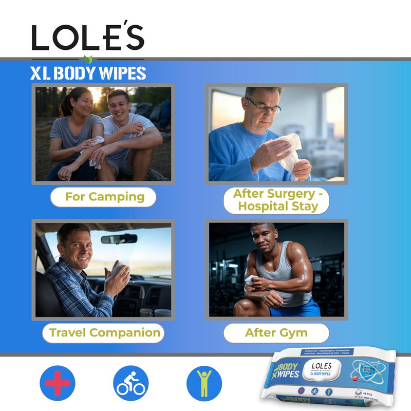 LOLE'S Body Wipes for Adults Bathing No Rinse XL â€“ Bath Wipe for Adult, 48 Count Extra Large, â€“ Shower Wipes â€“ Body Wipe for Camping, Travel, Gym, Elderly Care, Women & Men â€“ Fresh & Moisturizing - Image 5