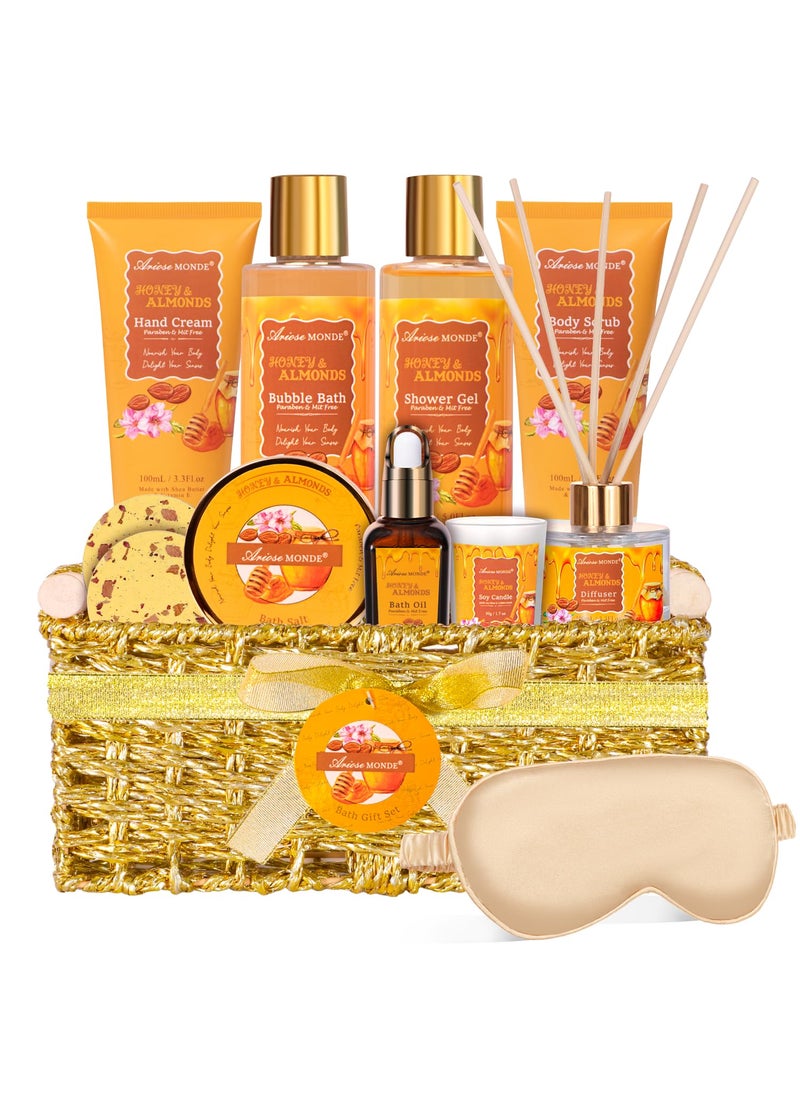 ArioseMonde Gifts for Women Bath and Body Gift Set for Women with 13pcs Honey Almond Scented Spa Gifts for Women Bath Sets Includes Scented Candle Shower Steamer Bubble Bath Bath Salt Mothers Day Gifts 