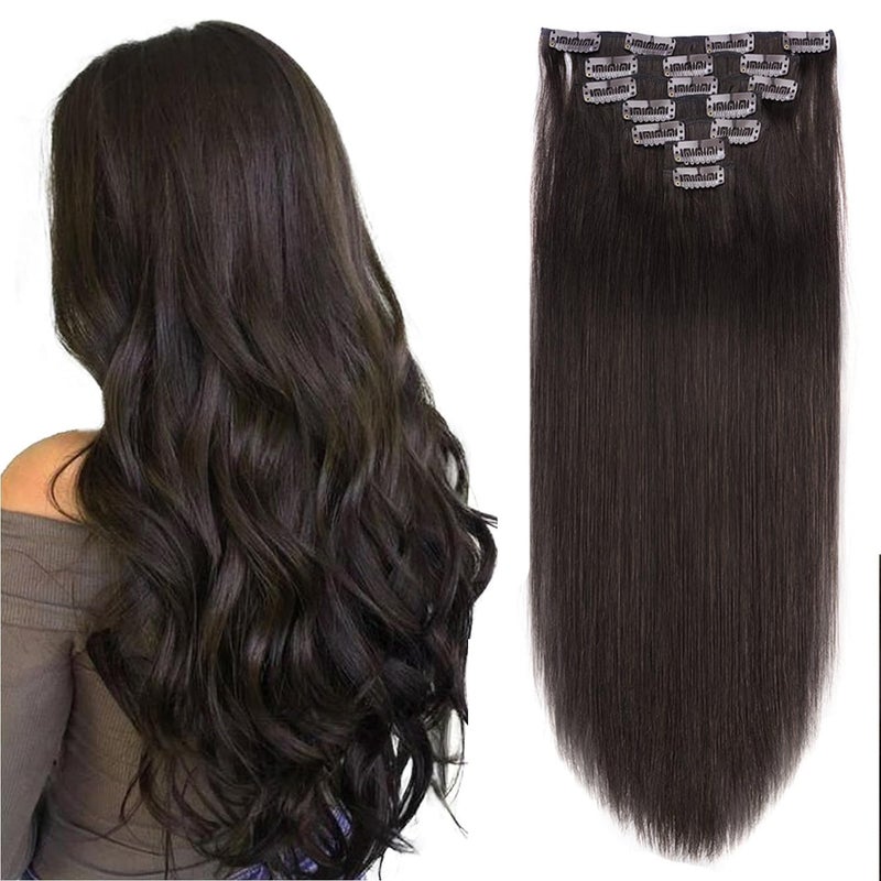 FAAAL 16 Inch Clip in Hair Extensions Real Human Hair 130g 7 Pieces 16 Clips 2 Dark Brown Hair Extensions Double Weft Human Hair Clip in Extension for Women