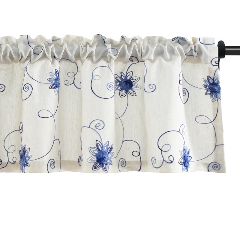 Blue Floral Embroidered Curtain Valance - 52x12 in - Image 1