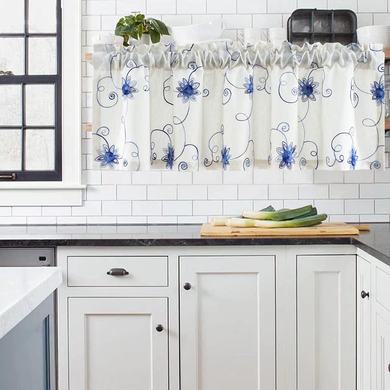 Blue Floral Embroidered Curtain Valance - 52x12 in - Image 3