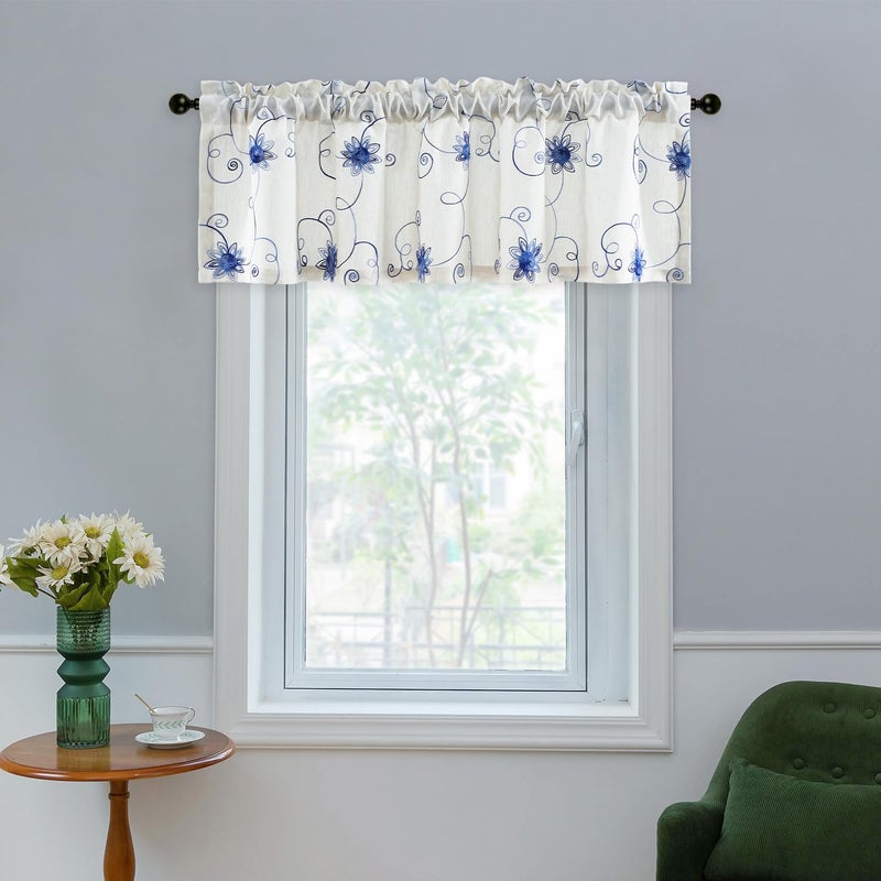 Blue Floral Embroidered Curtain Valance - 52x12 in - Image 2