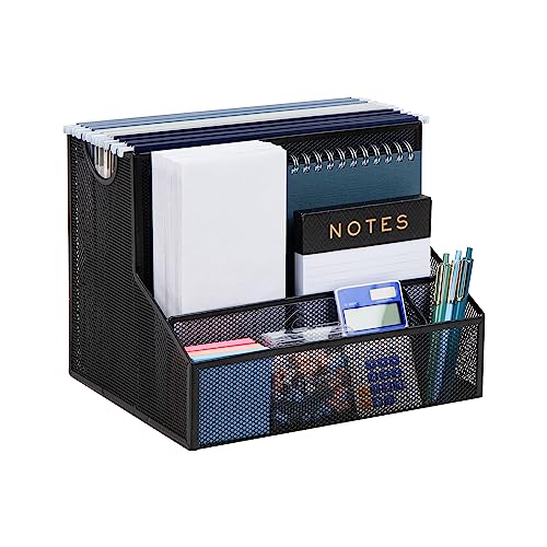Mind Reader Desktop Organizer with Hanging File Storage, 4 Compartment Letter Size File Holder, Metal Mesh Desk Organizer for Office and Home, Black - Image 1
