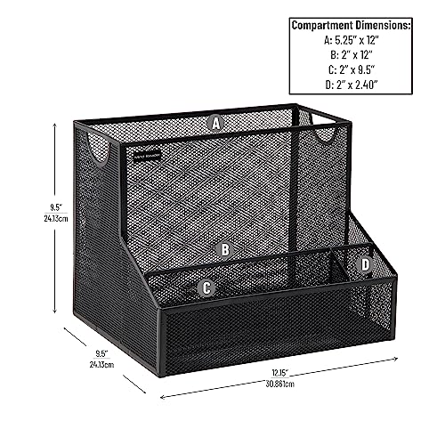 Mind Reader Desktop Organizer with Hanging File Storage, 4 Compartment Letter Size File Holder, Metal Mesh Desk Organizer for Office and Home, Black - Image 3