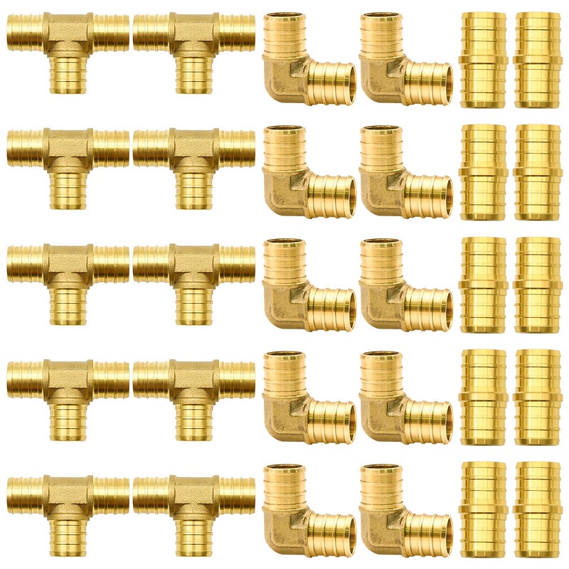 30pcs 34 PEX Fittings Elbow TEE Straight Couplings Set PEX Brass Crimp Fitting Combo with Tees Elbows Straights