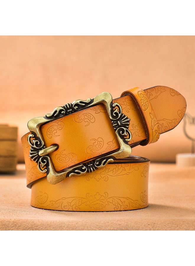 Retro Genuine Leather Belt Women's Pin Buckle Embossed Belt Cowhide Versatile Pants Belt Now Dropshipping