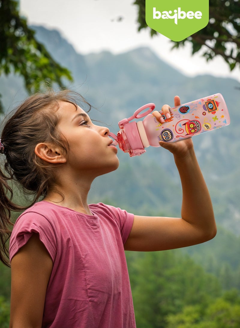 بيبي زجاجة مياه للأطفال سعة 900 مل مع غطاء علوي قابل للطي، تصميم مبتكر وحبل حمل | حافظ على رطوبة جسمك مع زجاجة مياه مدرسية | زجاجة مياه للأطفال للأولاد والبنات، لون وردي - Image 3