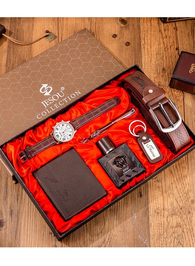جيسو Men's Watch Gift Set Belt + Wallet + Perfume + Keychain + Large Dial Quartz Watch + Pen - Image 1