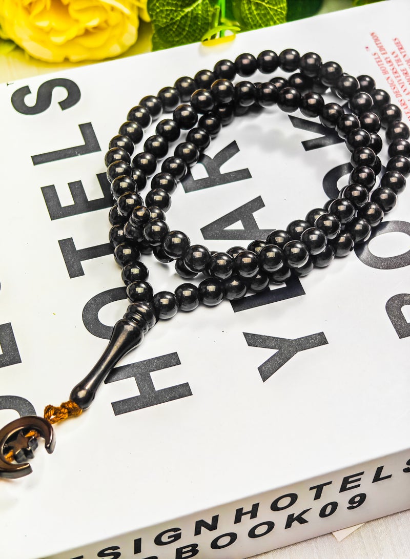 salaam-fashion 99-Bead 8mm Black Crescent & Star Tasbih – Islamic Prayer Beads | Ramadan & Hajj Gift | Includes Premium Gift Box - Image 1
