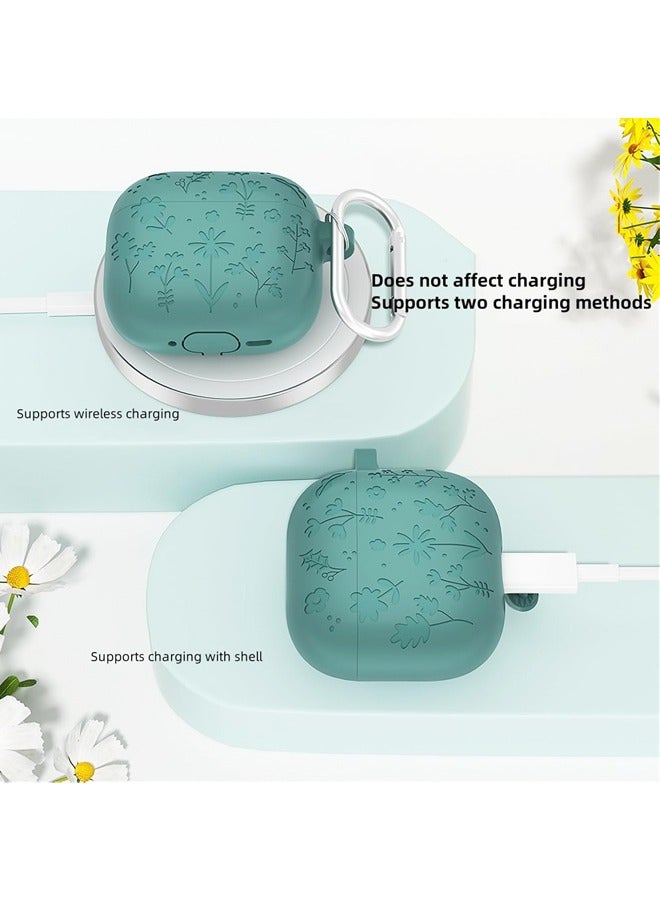 حافظة محفورة بالزهور متوافقة مع AirPods 4 مع سلسلة مفاتيح، غطاء واقٍ لطيف من السيليكون الناعم المقاوم للصدمات متوافق مع إلغاء الضوضاء النشط - Image 4